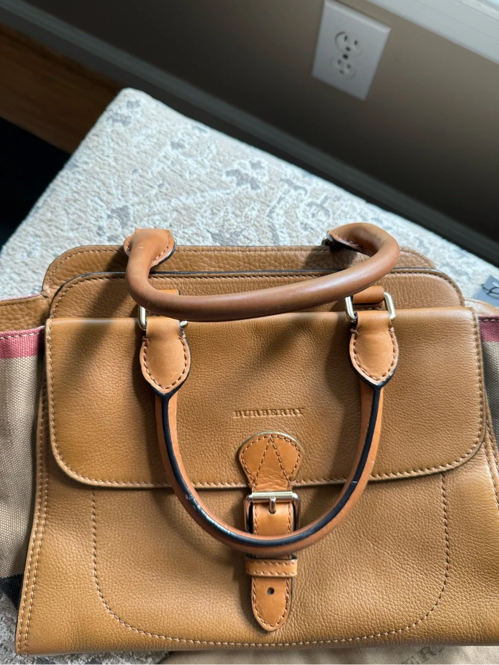 Burberry Brown Leather Buckle-Front Top-Handle Briefcase with Canvas Sides